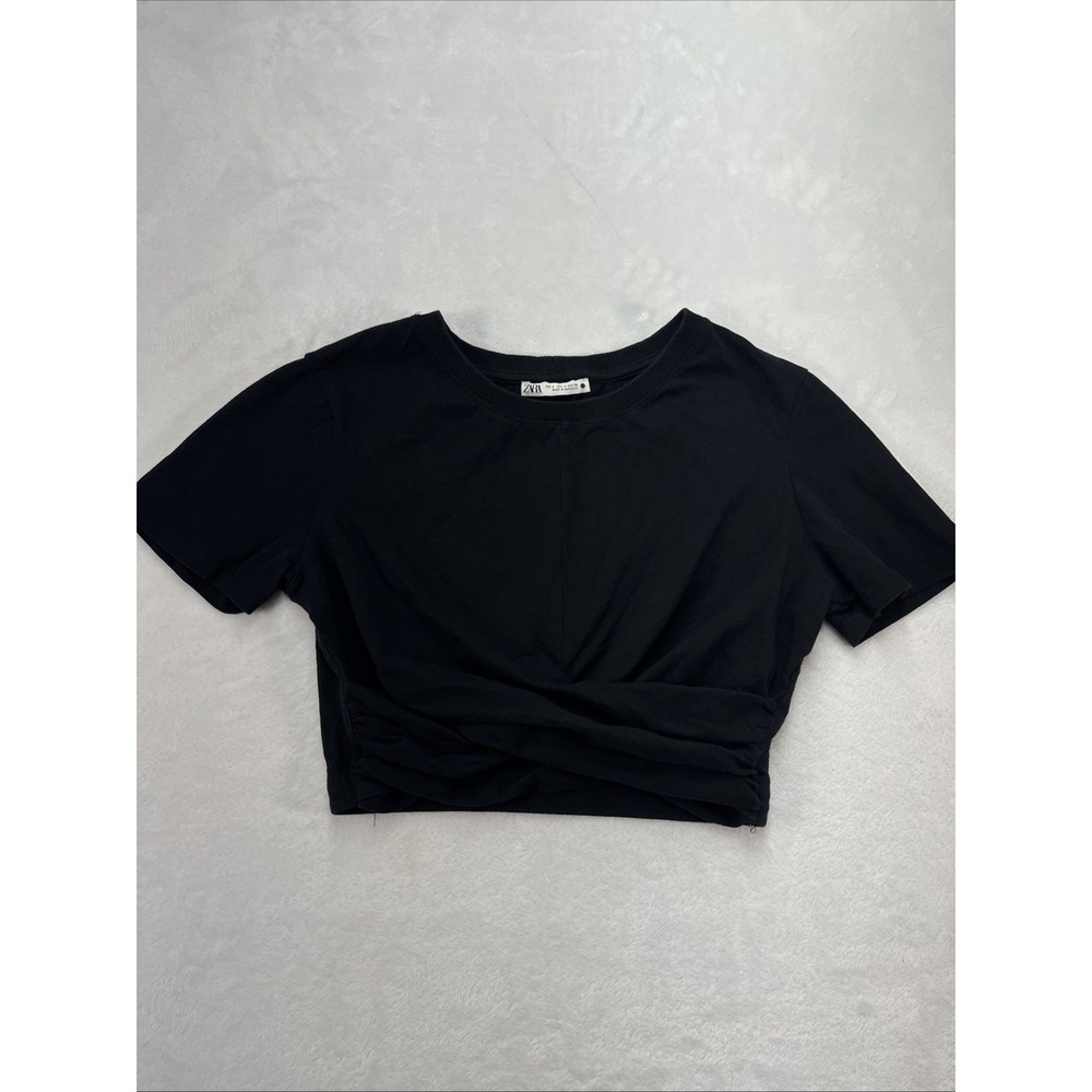 Zara Cross Front Crop Tee Womens Small Black Shirt Casual Basic Staple Minimal